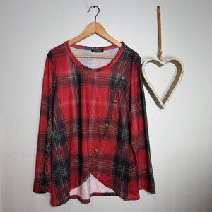 Love U Dear Asymmetric Long Sleeve Grunge Chic 90s Revival Blouse 1XL Plaid Red